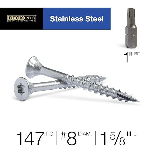 Deck Plus 1-5/8 Inch Epoxy Coated Exterior Wood and Fence Screws #8 x 1-5/8" Torx/Star Drive Included Coarse Thread, Outdoor Rust Resistant Decking Screw, Silver, 1lb Box, 1015 Pieces | 48462