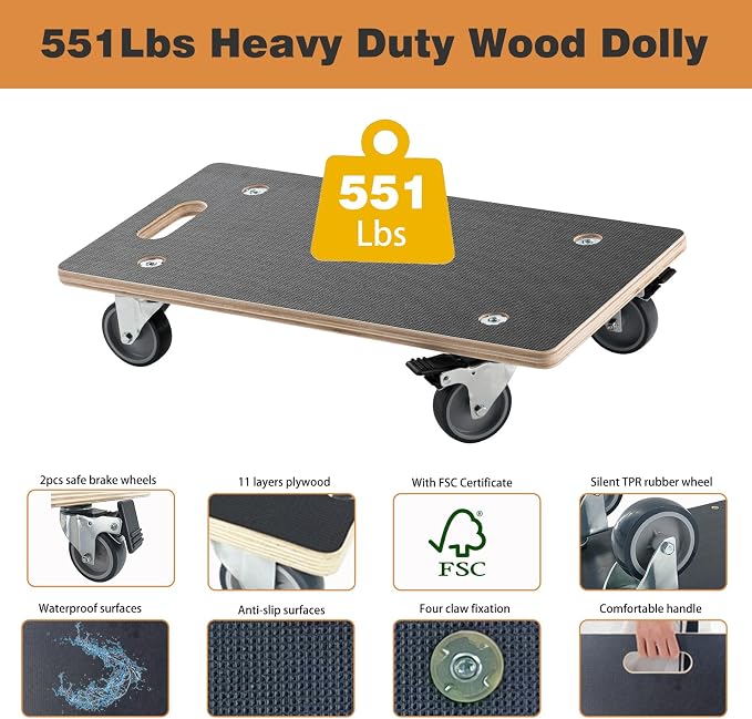 Anti-Slip Plywood Platform Dolly 2 Swivel + 2 Brake Caster Wooden Cart 550 Lbs Capacity (2 Packs per Set) Furniture Transporter Widely Use for Moving Heavy Furnitures,Goods, Green Plants