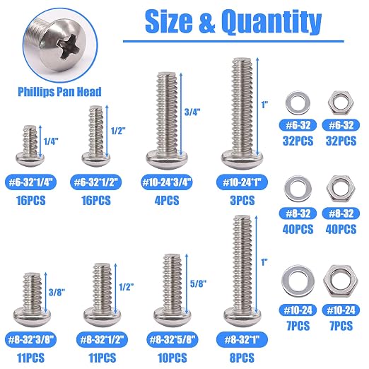 Nuts and Bolts Assortment Kit, 304 Stainless Steel Bolts 8 Sizes #6-32#8-32#10-24 Phillips Pan Head Machine Screws, Assorted Bolts, Nuts and Washers Kit (237PCS)