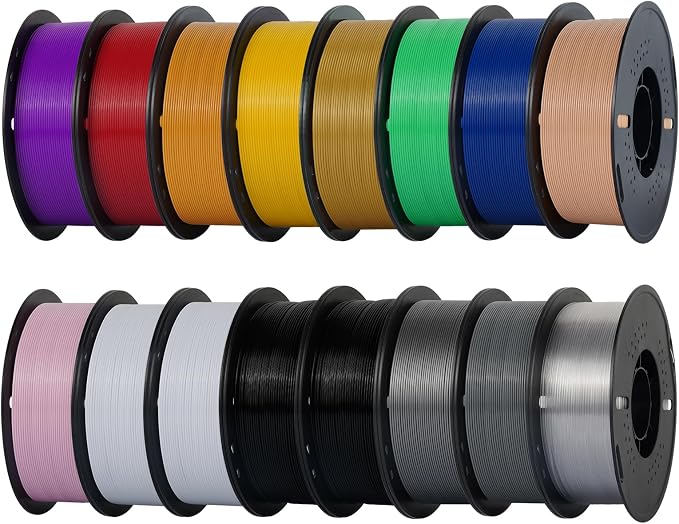 Kingroon PETG 3D Printer Filament, 16 Rolls, Dimensional Accuracy +/- 0.03 mm, 16kg Spool(35.2lbs), 1.75 mm, 2Black 2White Grey Red Blue Green Orange Silver Transparent Yellow Purple Skin Gold Pink