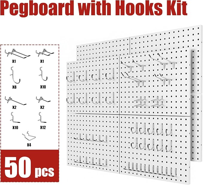 8 Pack Metal Peg board Panels with 50 Hooks, White | Heavy Duty Pegboard Organizer, Garage Tool Storage System, For Workshop, Office, Craft Room
