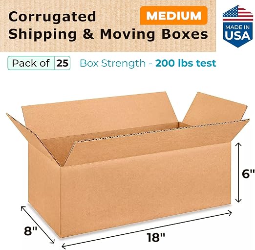 Medium Shipping & Moving Boxes 18"L x 8"W x 6"H (25-Pack) - Extra Strength 200 lb vs Regular - USA-Made Corrugated Packing Boxes for USPS/UPS/FEDEX - Medium Heavy-Duty Moving Box by IDL Packaging