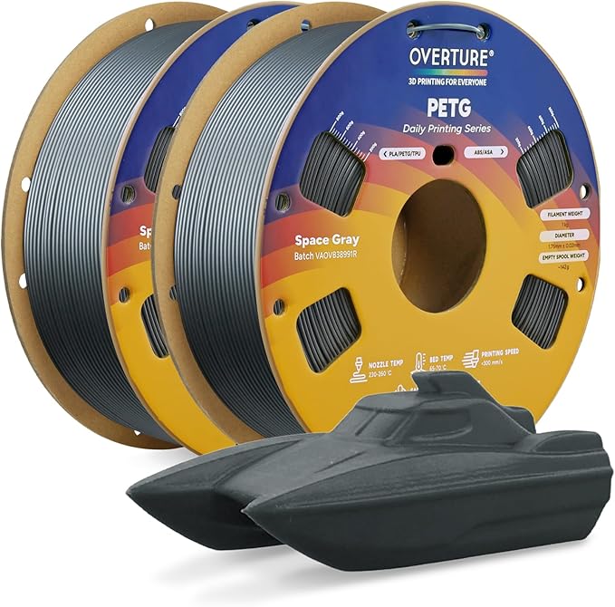 OVERTURE PETG Filament 1.75mm Bundle 2kg, High Speed 3D Printer Filament, Neatly Wound & Clog-Free, 2 Pack 1kg(2.2lbs), Accuracy +/- 0.02mm, Fit Most FDM Printers (Space Grey*2)