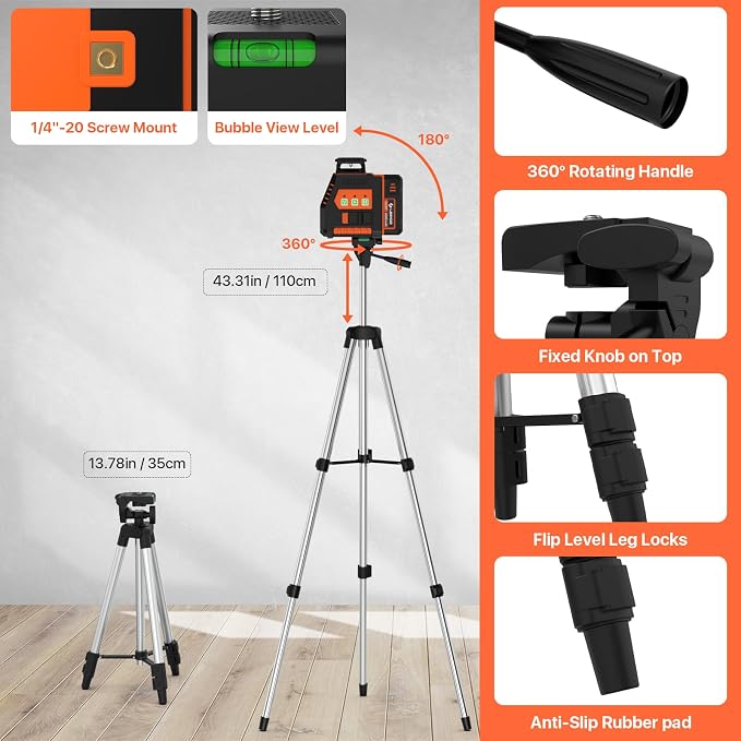 360° Laser Level with Tripod, LP LEIPOR Self Leveling Laser Level with Pulse Mode, 3 Brightness Levels Rechargeable Li-ion Battery Green Line Laser Leveler Tool for DIY Indoor Project
