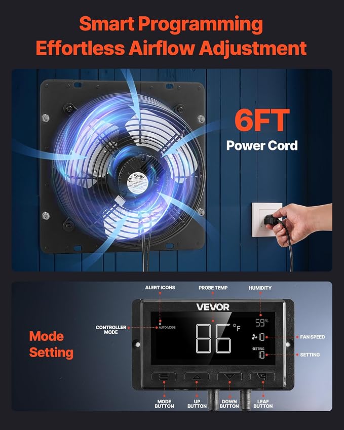 VEVOR 12 inch Exhaust Fan, Wall Mounted Attic Fan with Variable Speed, Temperature & Humidity Controller, 1500 CFM, Automatic Shutter