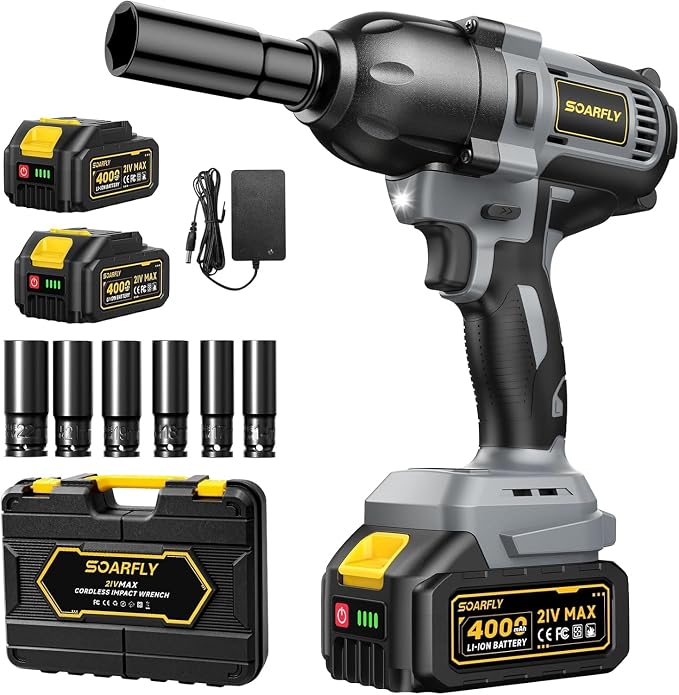 SOARFLY 1/2" Cordless Impact Wrench, 738 Ft-lbs (1000 N.m) High Torque 21V Brushless Electric Impact Gun with 2x 4.0Ah Batteries, Impact Driver with LED Light, 6 Sockets for Home Car/Mower/Truck RV