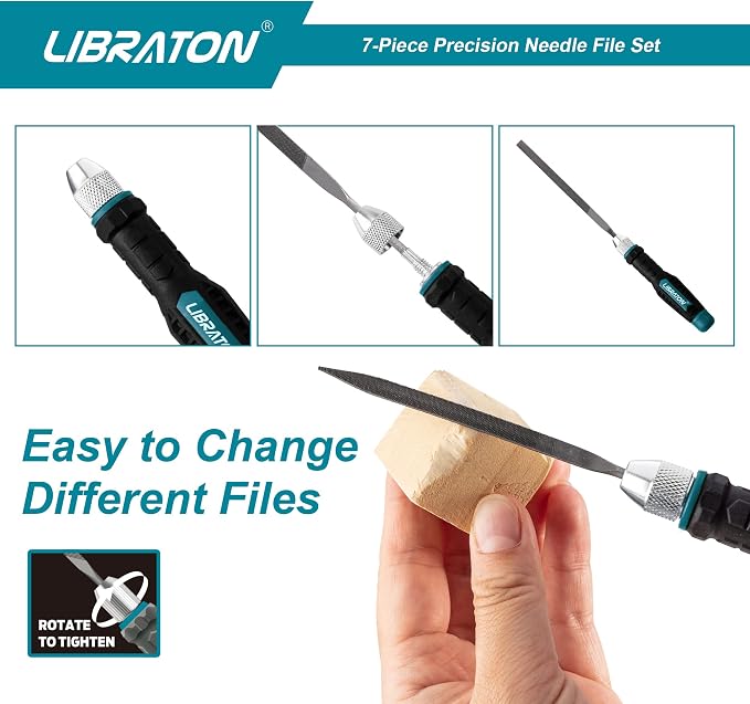 LIBRATON Needle File Set Interchangeable, Small Mini Wood Metal Files, 6PCs Steel With Handle for Precision Work, Woodworking, Plastic Carving, Craft Tool