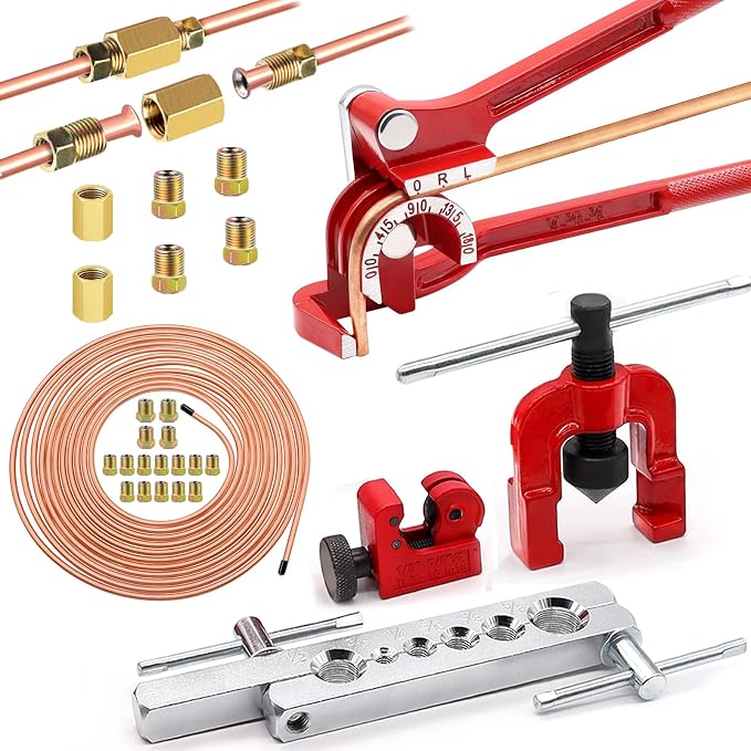 Tnisesm 3/16Inch Brake Line kit Include Copper-Plated Brake Lines with Fitting (16Pcs Fittings,2Pcs Unions+4Pcs Nut) Brake line Bender Single Flare Tool,Cutter 3/16Inch Brake line kit