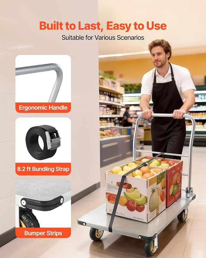 VEVOR Heavy Duty Platform Truck, 2000 LBS Steel Large Flatbed Cart with 360° Swivel Wheels & Brakes, Foldable Platform Hand Push Truck Dolly for Easy Storag/Groceries/Garage/Warehouse (36" X 24")