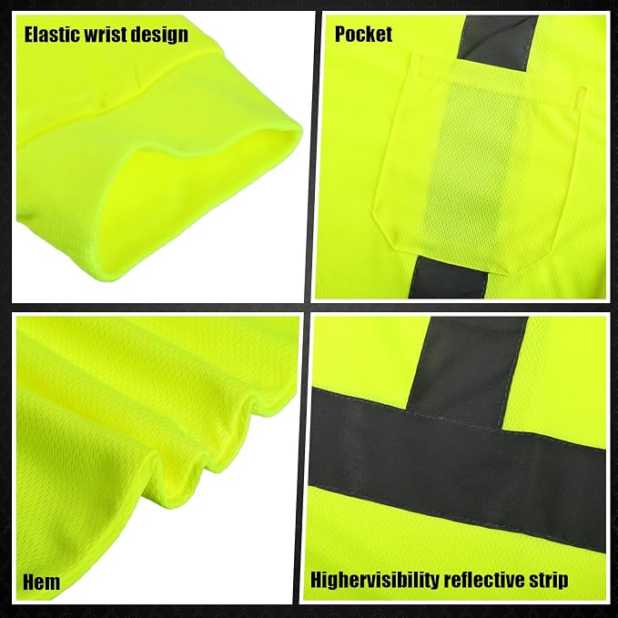 Macarrie 6 Pcs Class 3 Reflective Safety High Visibility Shirt Long Sleeve with Packet Breathable