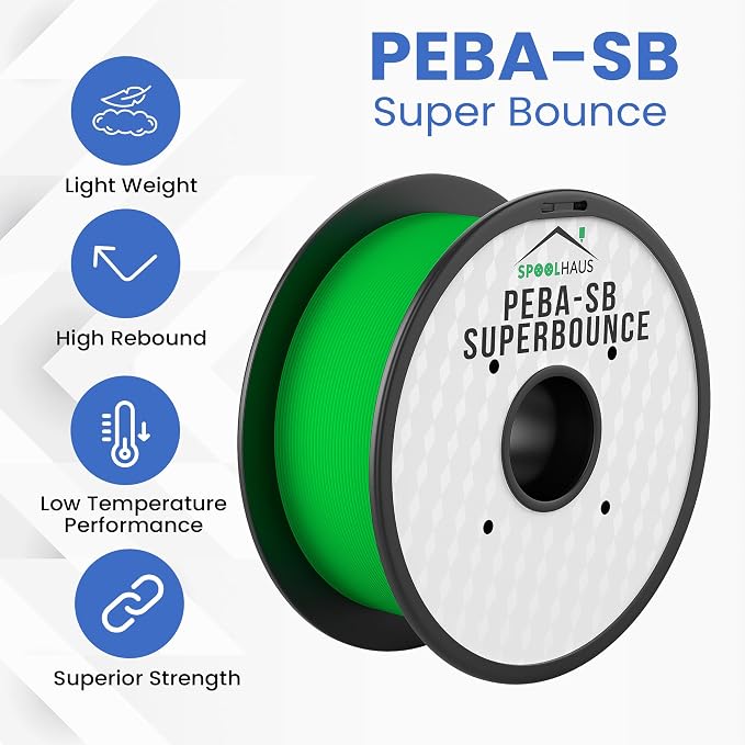 PEBA Filament High Rebound Flexible Filament Super TPU Nylon Based Strength 1.75mm 78% Energy Return Bouncy Airless Basketball Lightweight 3D Printer Filament SpoolHaus Superbounce (Green, 1kg)