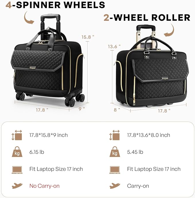 Rolling Laptop Bag for Women with 4 Spinner Wheels, 17 Inch Rolling Briefcase for Women with Lock, Waterproof Rolling Computer Bag with 11 Pockets & Padded Laptop Sleeve for Work Travel, Black
