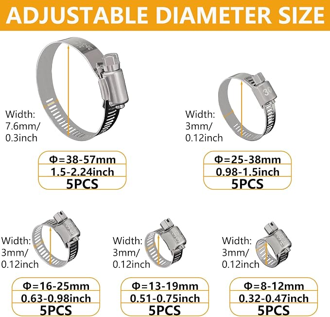 25 Pack Stainless Steel Hose Clamps Assortment Kit, Adjustable 8-57mm Worm Gear Hose Clamp Heavy Duty Duct Pipe Clamp for Plumbing, Fuel Line, Radiator, Mechanical, Automotive Application, Industrial