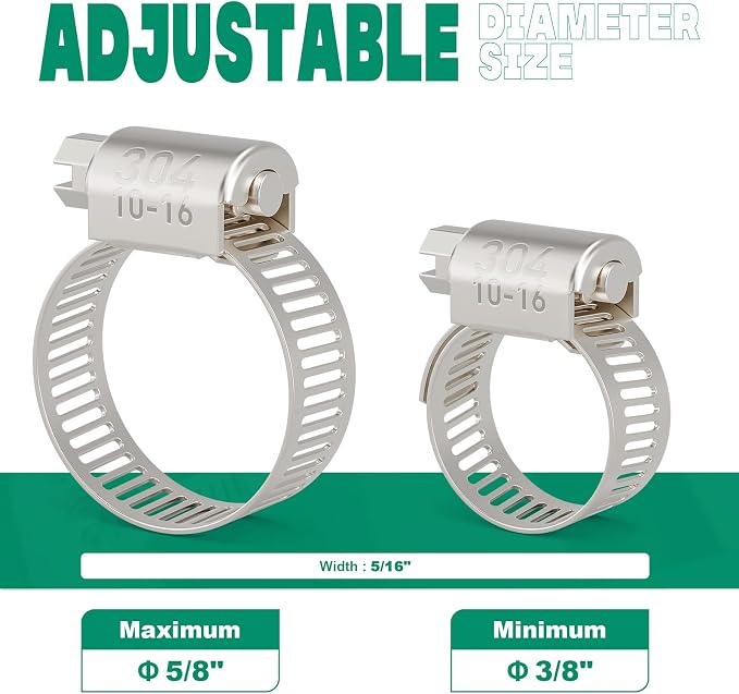 OURU 40PCS Hose Clamps Stainless Steel Adjustable 3/8"– 5/8"(10-16mm) Worm Gear Hose Clamp, Heavy Duty Metal Small Hose Clamps for Automotive, Pipe, Radiator Plumbing, Fuel Line