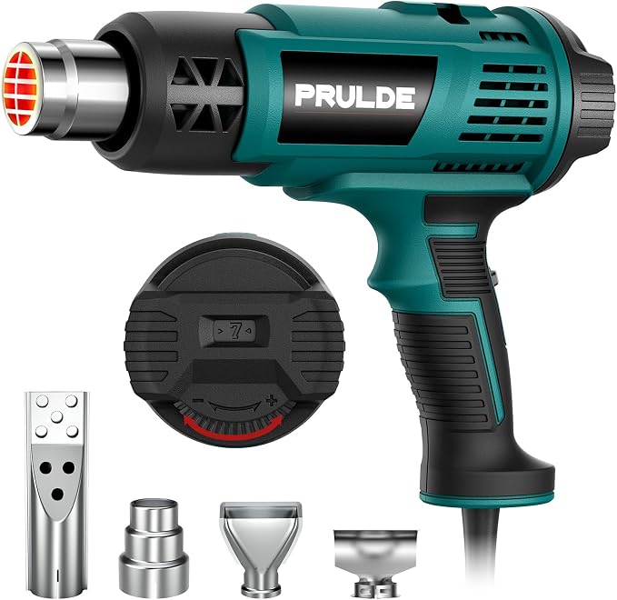 Heat Gun - PRULDE Dual Protection Fuses 1500W Heavy Duty Fast Heat Hot Air Gun with 122℉ to 1202℉ Dual-Temperature Settings and 4 Nozzles with Overheat Protection for Crafts, Vinyl Wrap, Shrink Tubing