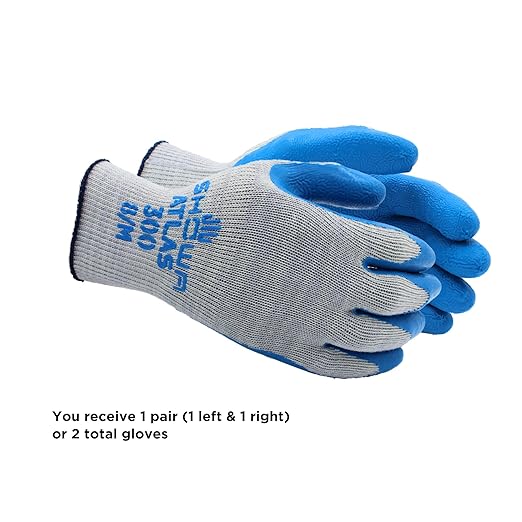 SHOWA Atlas 300 Original 1994 Crinkle Grip Work Gloves, Natural Latex Palm, Heavy Duty 10-Gauge for Construction, Landscaping, Gardening, & Masonry, Blue, Small, 1-Pair