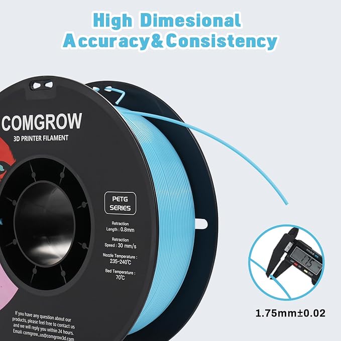 Comgrow PETG 3D Printer Filament 1.75mm, High Precision and Tough 3D Printer Filament 1kg (2.2LBS), Dimensional Accuracy +/- 0.02 mm, Fit Most 3D Printers Light Blue
