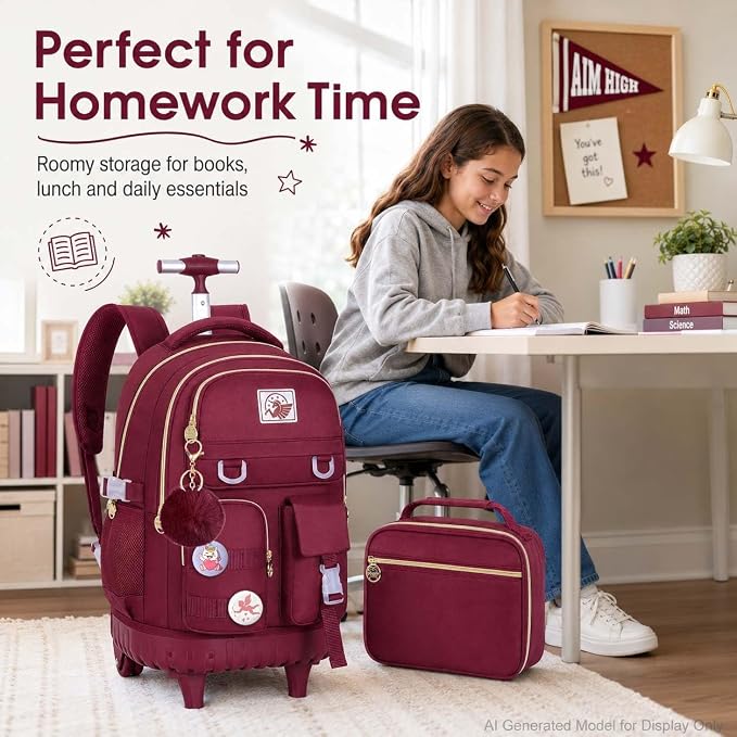 CCJPX Rolling Backpack for Girls, 21 inch Women Roller Wheels School Bookbag, Laptop Wheeled Water Resistant Wheeled Bookbag Set - Red