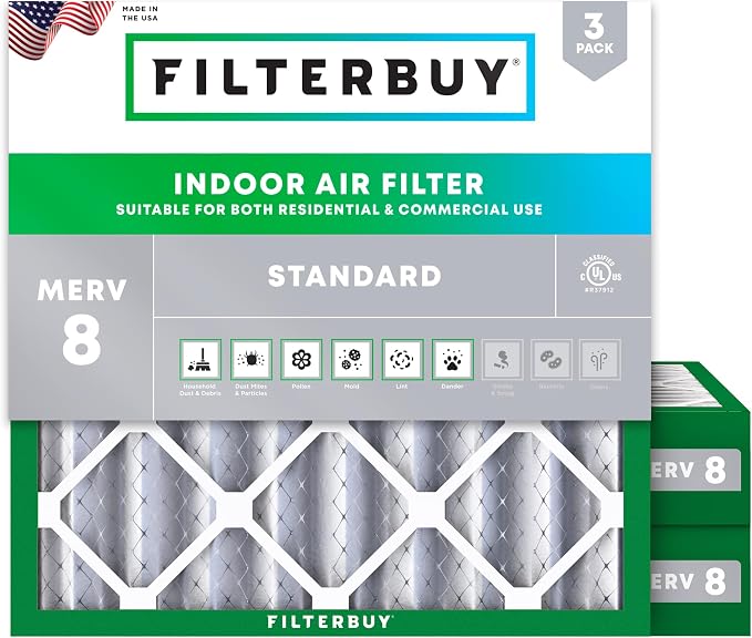Filterbuy 19x19x4 Air Filter MERV 8 Essential Dust & Allergy Defense (3-Pack), Electrostatic Pleated HVAC AC Furnace Filters Replacement, Made in USA (Actual Size: 19.00 x 19.00 x 3.63)