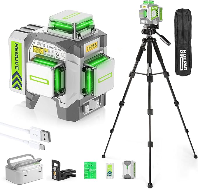 Huepar Pro Laser Level 360 Self Leveling with 50inch Tripod, 3 x 360° High Brightness Green Laser Leveler Tool for Construction, Tile and Picture Hanging, Rechargeable Battery & Magnetic Bracket