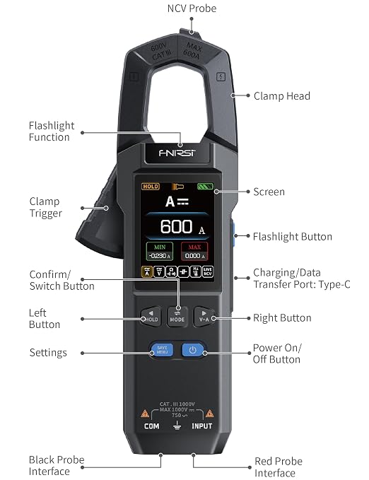 FNIRSI DMC-100 Clamp Meter 10000 Counts TRMS, 600A AC/DC Amp Meter with Curve Recording & 2" TFT Screen, Rechargeable Multimeter Measuring Voltage Current Resistance Capacitance NCV for HVAC Auto