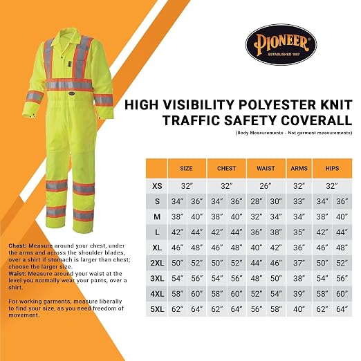 Pioneer High Visibility Polyester Knit Traffic Safety Coverall with Mesh Ventilation Panels, Reflective Tape, Leg Zippers, Yellow/Green, Unisex, S, V1070160U-S, Small