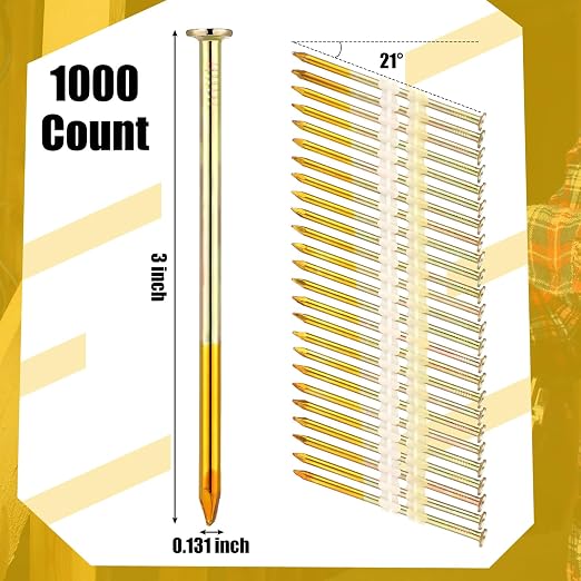 Pasimy 1000 Per Box 3 x 0.131 Inch Framing Nails 21 EG Degree Smooth Shank Plastic Collated Galvanized Full Round Head Framing Nails