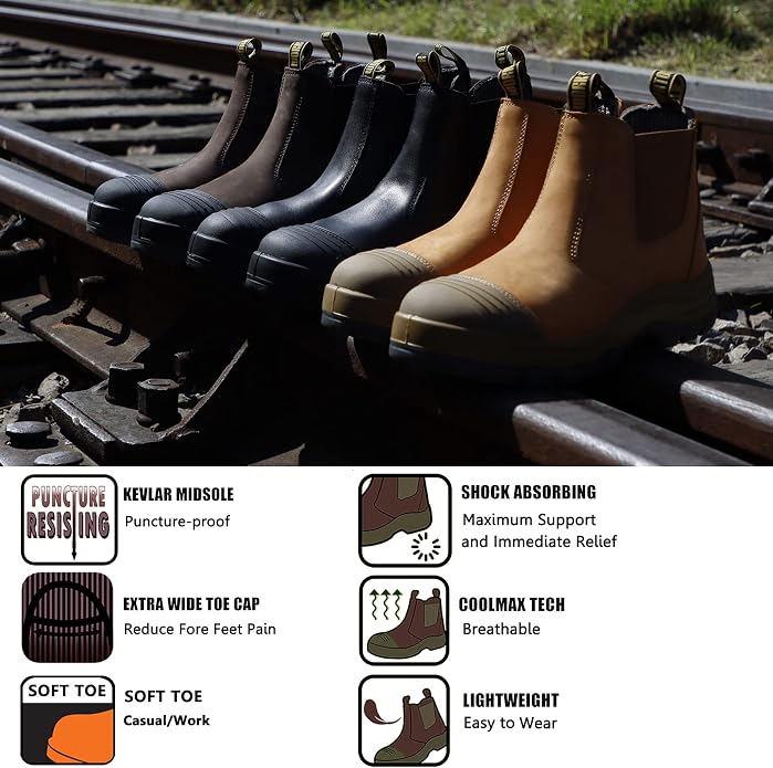 Work Boots for Men, Steel/Soft Toe Waterproof Working Boots, Slip Resistant Slip-on Safety Static Dissipative Working Shoes (Dark Brown)