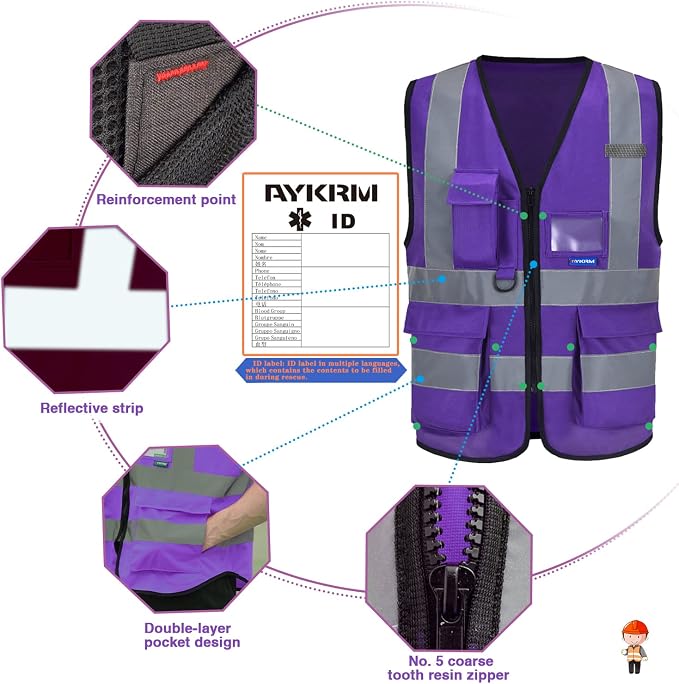 A-SAFETY Purple safety vest for women with pocket | Purple XL Polyester work vest with transparent ID pocket, radio mic loop and reflective strips for specialty contractors.
