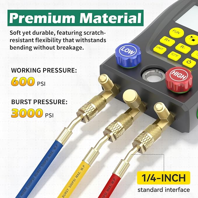 BELEY Digital Manifold HVAC Gauge Set,93 Refrigerants Dual Pressure&Temp Test with Temperature Clips and Hoses Vacuum AC Gauges for R1234YF R134A R404A R410A R32 R744（CO₂）