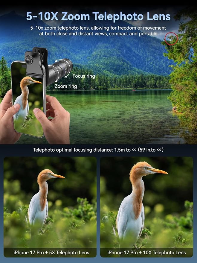 MIAO LAB 5-10X TeleZoom Lens for Smartphones – Aerospace Aluminum Build with Universal Clip for iPhone 17/16/15/14/13 Series (Excluding Air), Samsung, Google, Android – Travel Zoom Kit