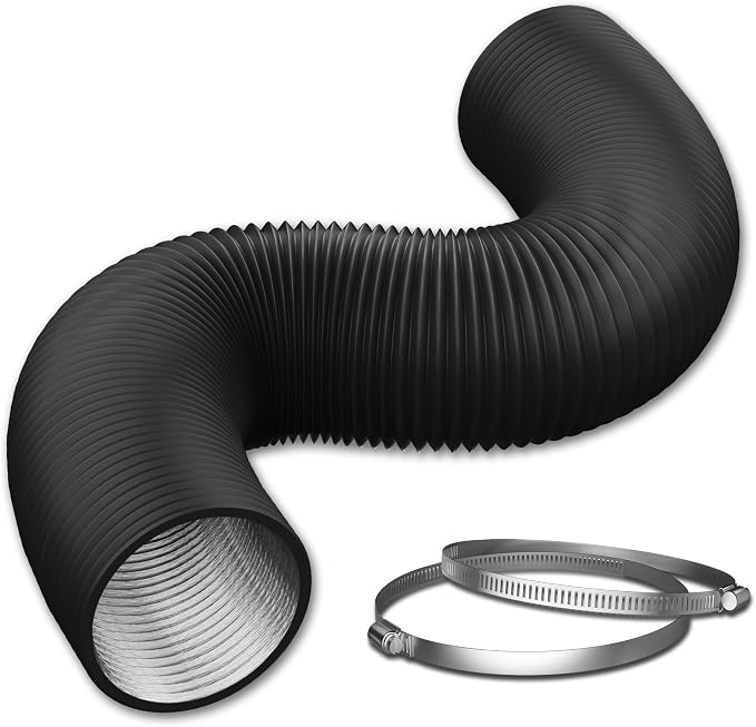 6 Inch Flexible Ducting Hose 8 Feet Black Aluminum Ducting -4 Layer Protection Dryer Vent Hose for HVAC Heating Cooling Ventilation and Exhaust, 2 Clamps Included
