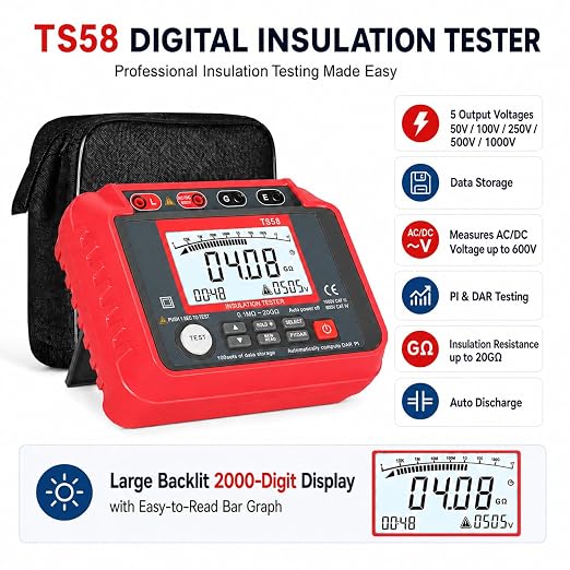 AIOMEST Megohmmeter 0.1MΩ-20GΩ Digital Insulation Resistance Tester with 50V/100V/250V/500V/1000V Output Voltage, Data Logging, 10V~600V AC/DC Voltmeter Megohm Meter w/Test Lead & Zipper Bag