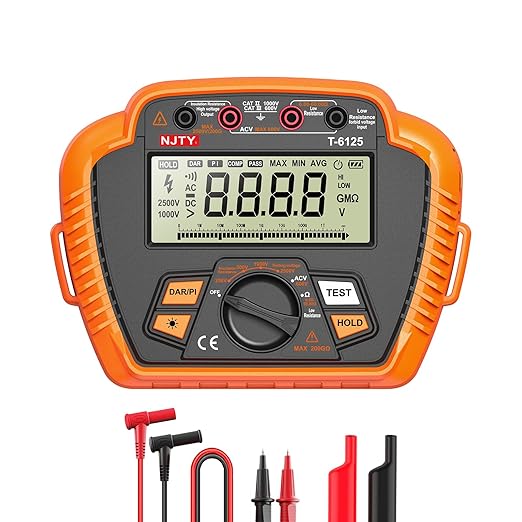 NJTY T6125 Digital Insulation Resistance Tester, 2500V Megohmmeter, 0.01MΩ–200GΩ, AC Voltage (10V-600V), Low Resistance (0.01Ω-60Ω), Data Hold, Over-Range Alarm, Auto Shutdown, Backlit LCD