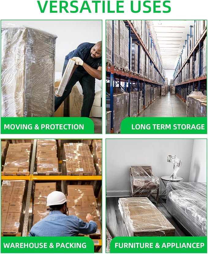 Shrink Wrap Rolls, Stretch Wrap 18in x 1500ft 4 Pack, Heavy Duty Pallet Wrap | Crystal Clear, Self-Adhesive Cling, Industrial Strength, 80 Gauge Industrial Strength, for Moving Packing Shipping