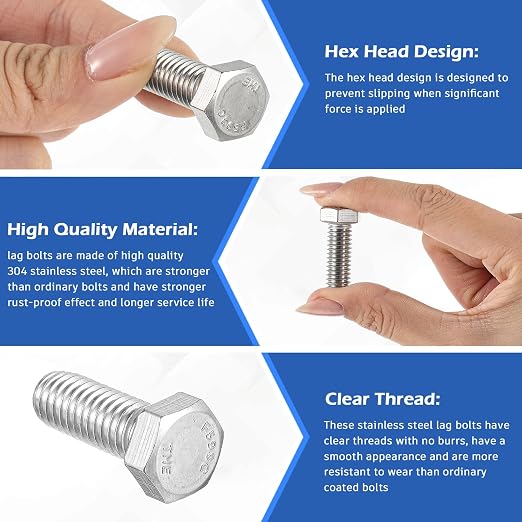 Zonon 50 Pcs 3/8-16 x 1-1/4" Hex Head Screw Bolt 18-8 (304) Stainless Steel Hexagon Bolts, Fully Threaded, Plain Finish, External Hex Drive (Silver)