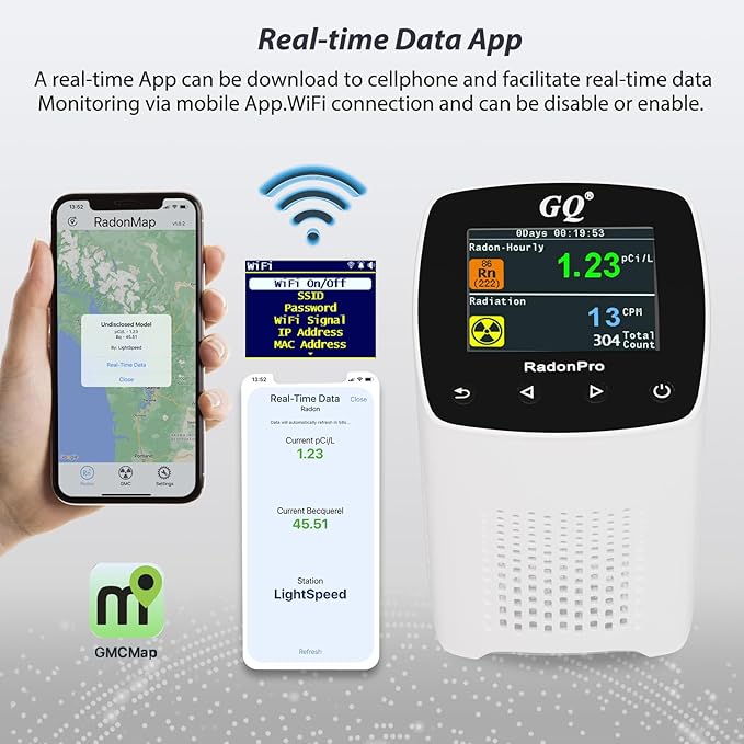 GQ Radon Detector New Version V2.0 Radon Pro 2-in-1 Radon Monitor Nuclear Radiation Detector Geiger Counter simultaneously Detection Fast Accurate Color Simple Display Made in USA