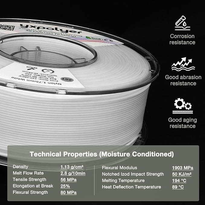 YXPOLYER Nylon Filament PA6 White Easy PA 3D Printing Filament 1.75mm 1kg | Easy to Print, AMS Compatible Spool, Engineering-grade, Low Warp, FDM Printer, Pre-dried, High Speed Low Temp Printing