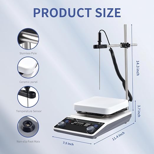 6.7 Inch Magnetic Stirrer Hot Plate Max 20L Stirring Capacity LCD Display Magnetic Stir Plate Max Temp. 350℃/662°F Hotplate Stirrer 2000RPM,Stir Bar&Temp Probe Sensor&Support Stand Included