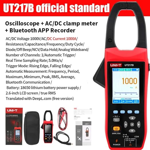 UNI-T UT217B Oscilloscope clamp Meter,1000VAC/DC Voltage Tester,5MS/s Sampling Rate,1MHz Bandwidth,20000 Counts TRMS Current clamp, Resistance,Capacitance,Continuity Test,with 2.8 inch LCD Display