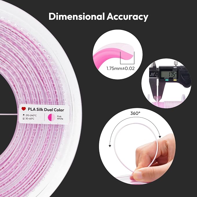 AMOLEN Silk PLA Dual Color 3D Printer Filament Glossy Silk Pink White PLA 1.75mm, Shiny Color Change Filament 3D Printing PLA Filament for Most FDM 3D Printer, 1kg Spool(2.2lbs)