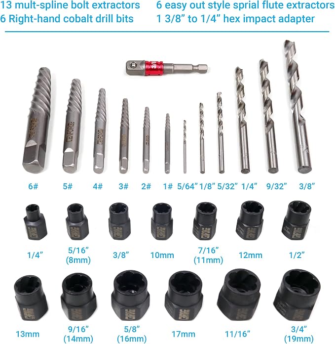 26-Piece Multi-Size Bolt Extractor Set, Spiral Screw Extractor, Bolt Extractor Set, with Right Hand Drill Bit, Stripped Bolt Remover, Borken Bolt Extractor Kit for Removing Nuts Bolts