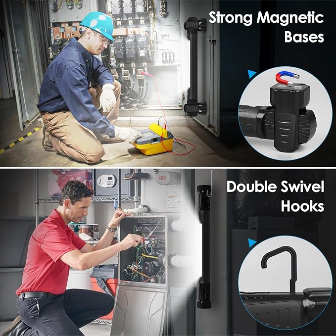 Ropelux Mechanic Work Light Bar with 2500LM 5200mAh Battery, Black 2 Pcs | 2-Level Brightness, 7500K Cool White, 4-10 Hours Runtime, Magnetic Bases, Hooks, 360° Rotating, Rechargeable, Tool Gift