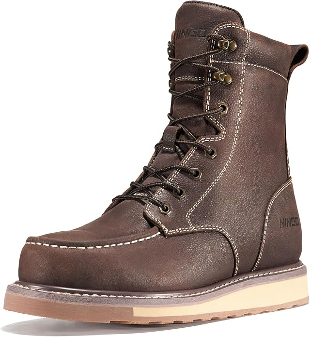 NINGO Steel Toe Work Boots for Men, 8 Inches Waterproof Moc Toe Construction Boots, Goodyear Welt Non Slip Wedge Outsole, Full-Grain Leather EH Rated Mens Safety Work Shoes, for Industrial, Welding