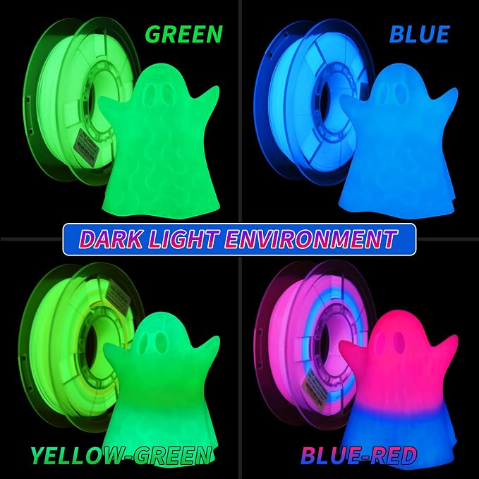 RAMBERY Glow in The Dark 3D Printer Filament Bundle Multicolour Blue Red Yellow Green PLA Filament 1.75mm Luminous 3D Printing Filament, 1.75mm 200gX 4 Spools (1.76 lbs)