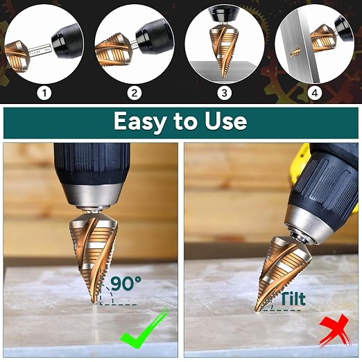 7/8" - 1-3/8" Four Spiral Flute Step Drill Bit, Unibit Step Bits, 3/8" Hex Shank for Metal Aluminum, Wood, Plastic (19 Size)