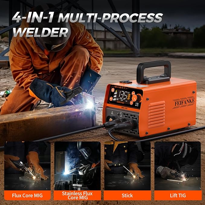 FEIFANKE 135A MIG Welder, 110V Flux Core MIG/Stainless Flux MIG/Stick/MMA/Lift TIG 4 In 1 Welding Machine with Large LED Display Mini IGBT Synergy Inverter Welder for Beginners & Professionals