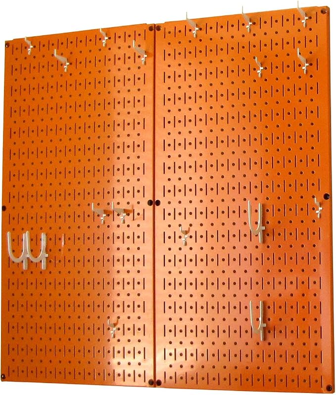 Wall Control Kitchen Pegboard Organizer Pots and Pans Storage Rack Organization Kit with Orange Pegboard and White Accessories