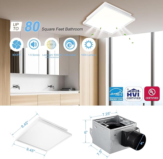 Tech Drive Bathroom Exhaust Fan with Light,80 CFM, 4 Inch Duct | Super Quiet 1.5 Sone ,1000lm Dimmable 3CCT LED Light, Energy Star Ventilation Fan, White