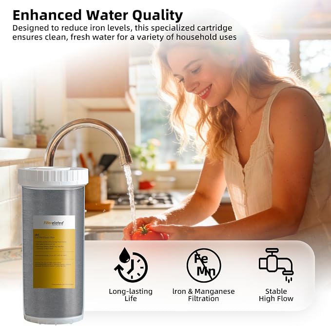 Filterelated 10" x 4.5" Iron Removal Water Filter Cartridge with Specialized Resin | Whole House Well Water Filter for Heavy Iron, Manganese & Sediment | Long-Last Universal Replacement Cartridge
